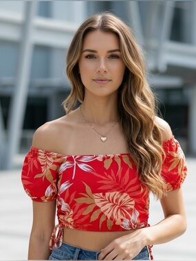 Roxy Dear Amor Tropical Floral Puff Sleeve Crop Top Red Size S